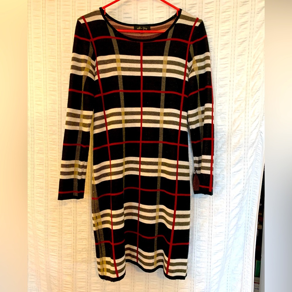 Beautiful black, red, gold, and white plaid dress